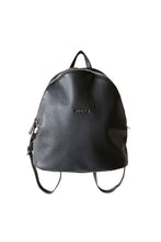 Load image into Gallery viewer, Front view of black, pebbled leather, hoopla backpack. Showing double zips with leather zip tags and small handle on top of pack for ease of carrying. 