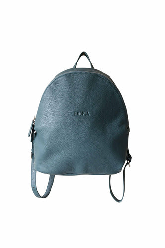 Front view of teal, pebbled leather, hoopla backpack. Showing double zips with leather zip tags and small handle on top of pack for ease of carrying. 