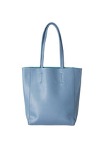 Load image into Gallery viewer, Front view of Hoopla leather blue grey portrait tote with long handles
