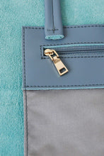 Load image into Gallery viewer, Inside zipped pocket of Hoopla leather blue grey tote.