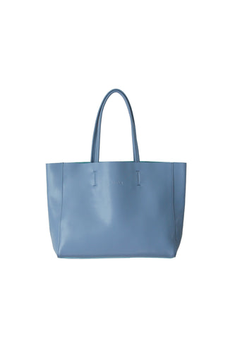 Front view of Hoopla leather blue grey landscape tote with long handles