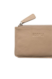 Detail of small coin and card pebbled leather tan Hoopla purse. With silver zip and leather zip tag. 