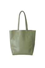 Load image into Gallery viewer, Front view of Hoopla leather olive green portrait tote with long handles