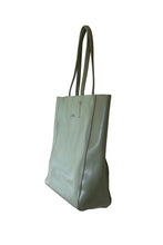 Load image into Gallery viewer, Side view of Hoopla leather black landscape tote with long padded handles.