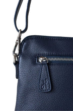 Load image into Gallery viewer, Back silver zip on navy leather crossbody bag with Hoopla zip tag. Leather card slots in Hoopla navy leather crossbody bag, Hoopla brand.