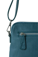 Load image into Gallery viewer, Back silver zip on teal leather crossbody bag with Hoopla zip tag. 