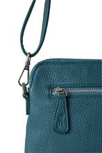 Load image into Gallery viewer, Back silver zip on teal leather crossbody bag with Hoopla zip tag.