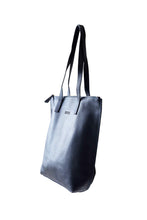Load image into Gallery viewer, Side view of buttery navy soft pebbled leather Hoopla tote bag with a gold coloured zip.