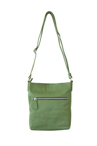 Back view of forest green, buttery soft, cow leather crossbody bag with external silver chunky zip. 