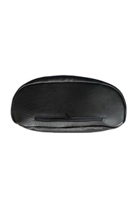 Base of black pebbled leather Hoopla backpack with a hidden secret pocket. 