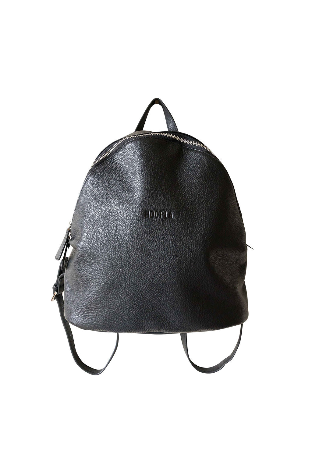 Front view of black, pebbled leather, hoopla backpack. Showing double zips with leather zip tags and small handle on top of pack for ease of carrying. 