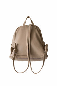 Back view of tan, pebbled leather, hoopla backpack. Showing double adjustable straps with silver buckles. 