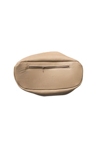 Base of tan pebbled leather Hoopla backpack with a hidden secret pocket. 