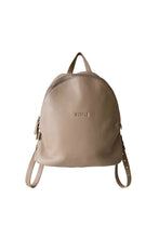 Load image into Gallery viewer, Front view of tan, pebbled leather, hoopla backpack. Showing double zips with leather zip tags and small handle on top of pack for ease of carrying. 
