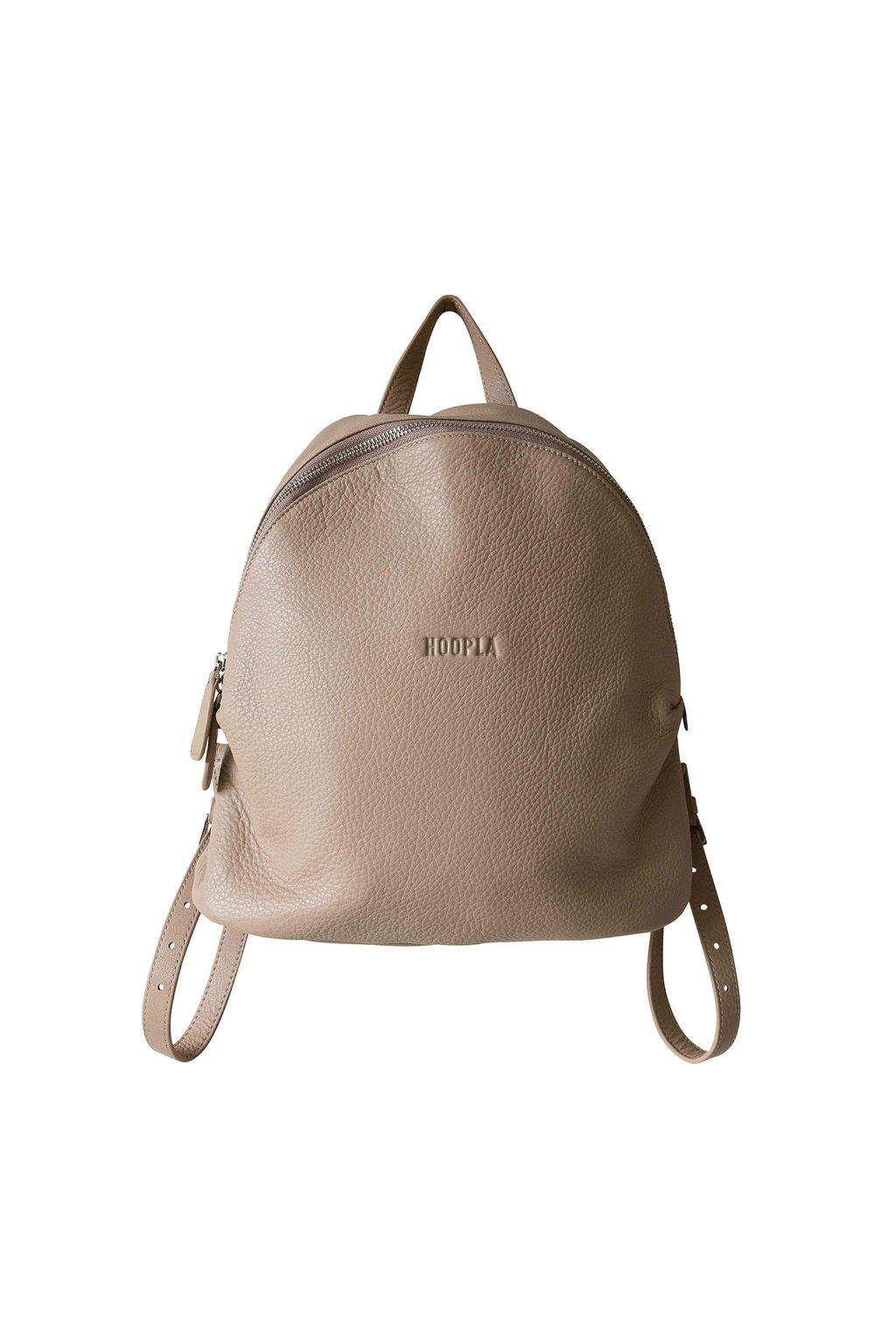 Front view of tan, pebbled leather, hoopla backpack. Showing double zips with leather zip tags and small handle on top of pack for ease of carrying. 