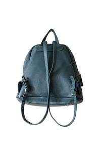 Back view of teal, pebbled leather, hoopla backpack. Showing double adjustable straps with silver buckles. 