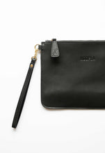 Load image into Gallery viewer, Black leather clutch with wrist strap and Hoopla brand