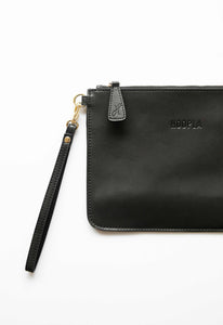 Black leather clutch with wrist strap and Hoopla brand