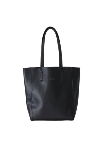Front view of Hoopla leather black portrait tote with long handles