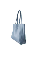 Load image into Gallery viewer, Side view of Hoopla leather blue grey landscape tote with long padded handles.