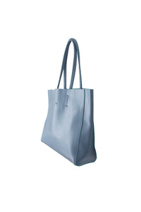 Side view of Hoopla leather blue grey landscape tote with long padded handles.