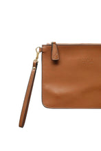 Load image into Gallery viewer, Brown leather clutch with wrist strap and Hoopla brand