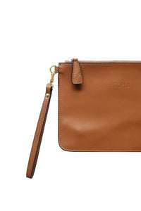 Brown leather clutch with wrist strap and Hoopla brand
