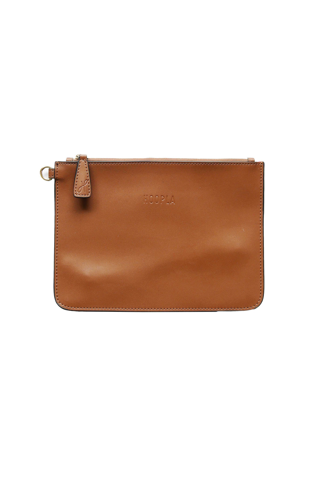 The front of a brown leather clutch with Hoopla brand and  gold zip tag.