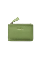 Load image into Gallery viewer, Front view of small coin and card pebbled leather bright green Hoopla purse. With silver zip and leather zip tag. 