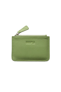 Front view of small coin and card pebbled leather bright green Hoopla purse. With silver zip and leather zip tag. 