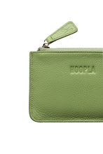 Load image into Gallery viewer, Detail of small coin and card pebbled leather bright green Hoopla purse. With silver zip and leather zip tag. 