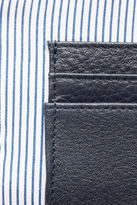 Close up of internal credit card pockets in navy pebbled leather Hoopla coin and card purse
