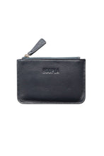 Load image into Gallery viewer, Front view of small coin and card pebbled leather navy Hoopla purse. With silver zip and leather zip tag. 