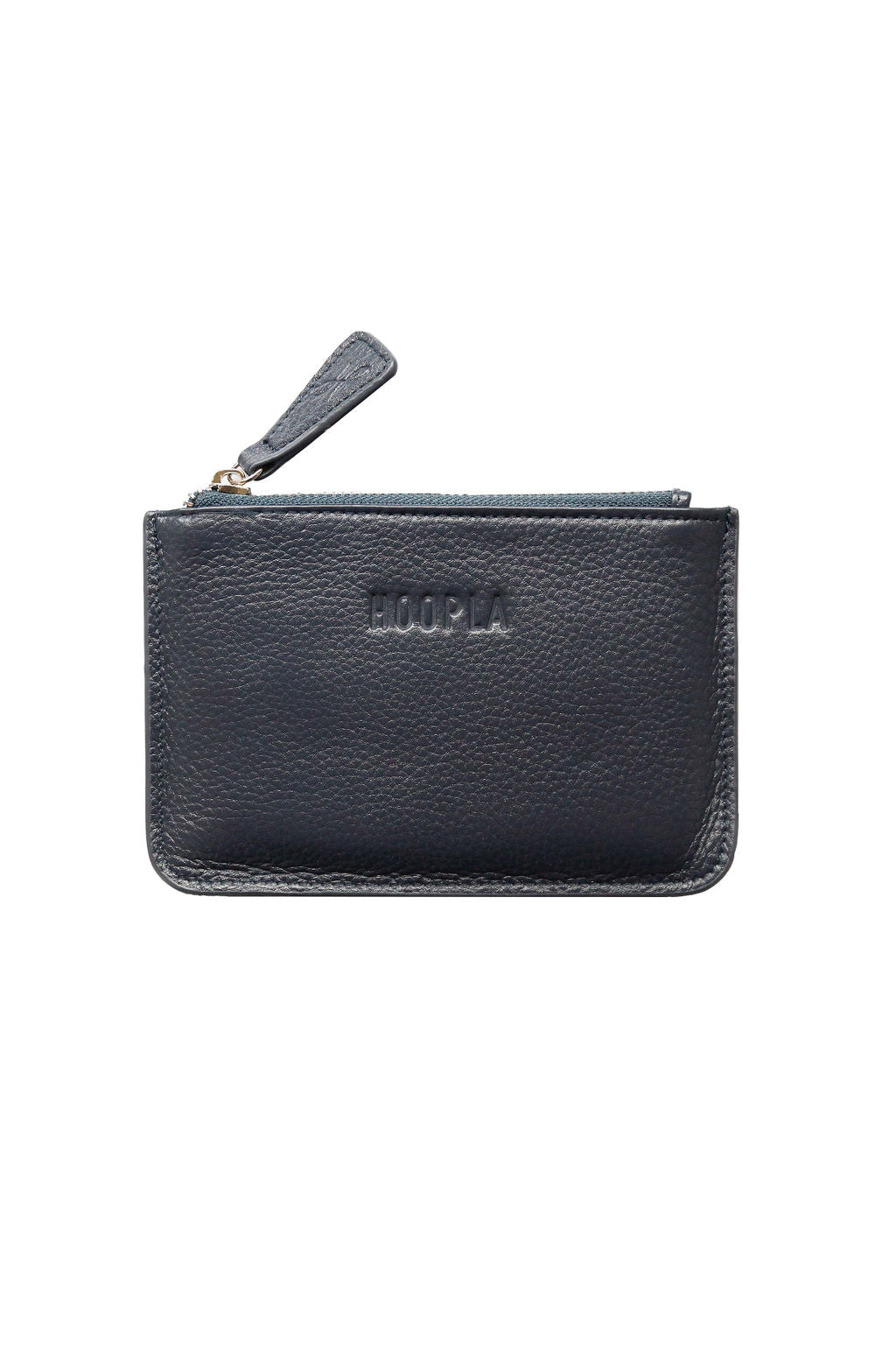 Front view of small coin and card pebbled leather navy Hoopla purse. With silver zip and leather zip tag. 