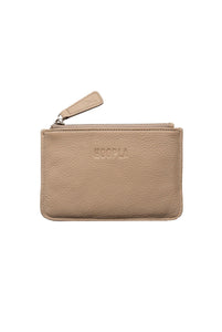 Front view of small coin and card pebbled leather tan Hoopla purse. With silver zip and leather zip tag. 