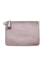 Load image into Gallery viewer, The front of a lavender or mauve leather clutch with Hoopla brand and  gold zip tag.
