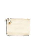 Load image into Gallery viewer, The front of a cream leather clutch with Hoopla brand and  gold zip tag.