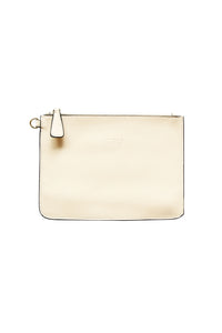 The front of a cream leather clutch with Hoopla brand and  gold zip tag.