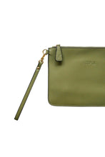 Load image into Gallery viewer, Olive green leather clutch with wrist strap and Hoopla brand