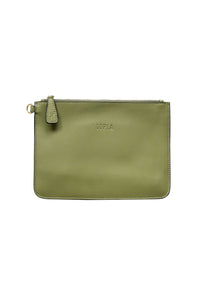 The front of a olive green leather clutch with Hoopla brand and  gold zip tag.
