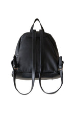 Load image into Gallery viewer, Back view of black, pebbled leather, hoopla backpack. Showing double adjustable straps with silver buckles. 