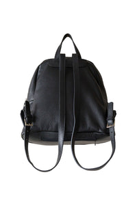 Back view of black, pebbled leather, hoopla backpack. Showing double adjustable straps with silver buckles. 