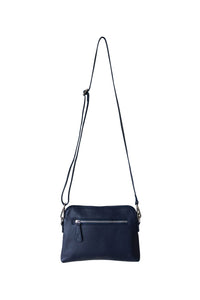 Back view of a navy leather crossbody bag. With fully adjustable strap and silver zips, Hoopla brand. 