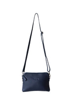 Load image into Gallery viewer, Front view of a navy leather crossbody bag. With fully adjustable strap and silver zips, Hoopla brand. 