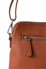 Load image into Gallery viewer, Back silver zip on ochre leather crossbody bag with Hoopla zip tag. 