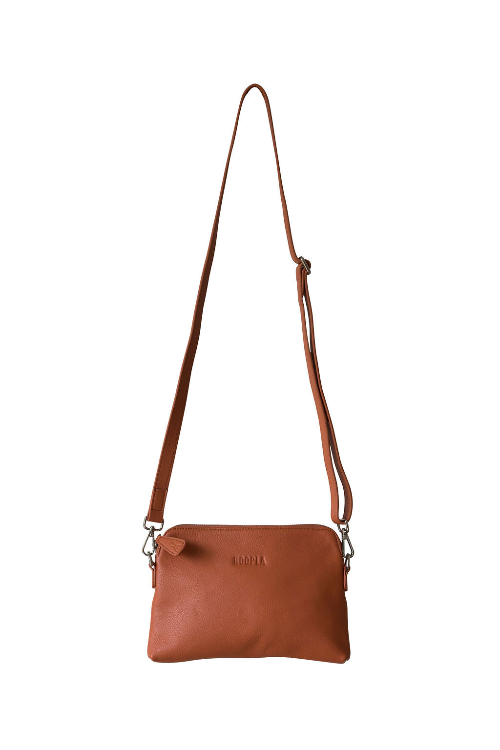 Front view of a ochre leather crossbody bag. With fully adjustable strap and silver zips, Hoopla brand. 