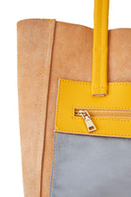 Load image into Gallery viewer, Inside zipped pocket of Hoopla leather mustard tote. 