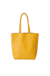 Front view of Hoopla leather mustard portrait tote with long handles