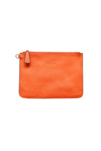 Load image into Gallery viewer, The front of an orange leather clutch with Hoopla brand and  gold zip tag.