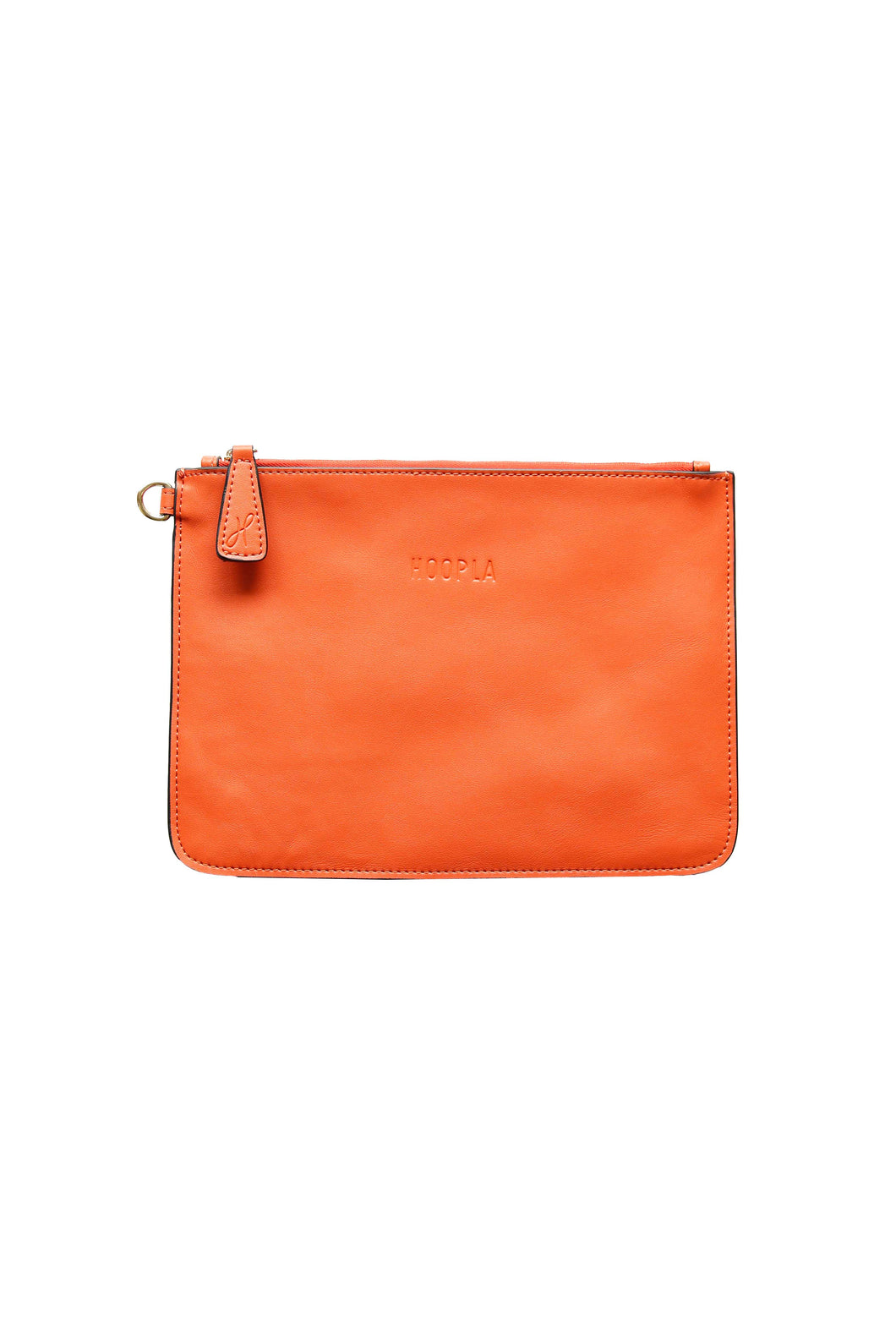 The front of an orange leather clutch with Hoopla brand and  gold zip tag.